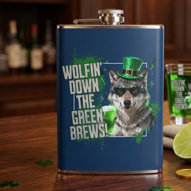 Funny Wolfin Down Green Brews St Patricks Day Hip Flask (Creator Uploaded)
