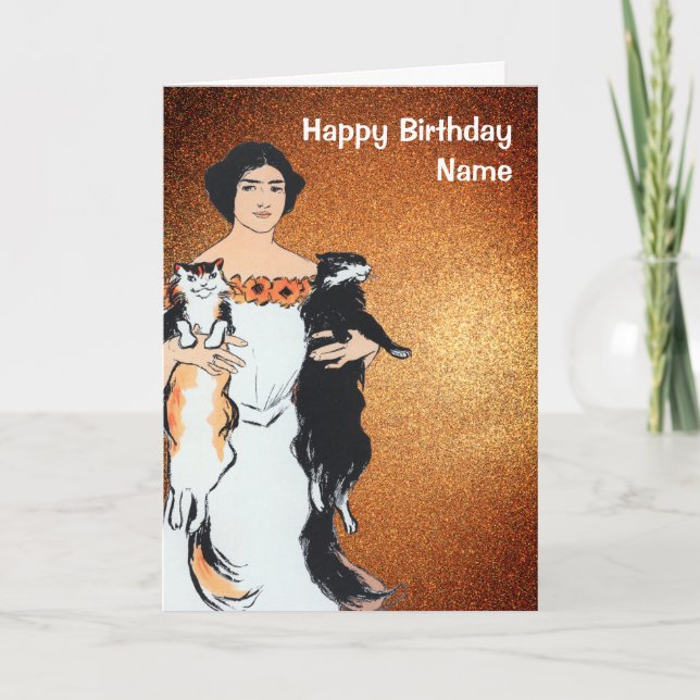 Funny Woman and Cats Gold Glitter Birthday Card (Front)