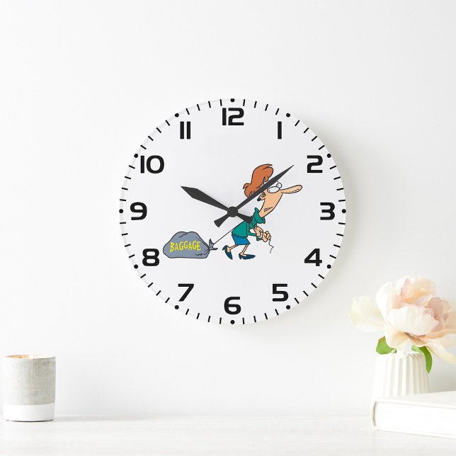 Funny Woman Carrying Emotional Baggage Large Clock (Creator Uploaded)