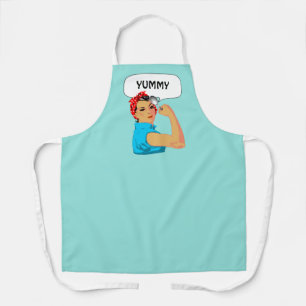 Funny woman chef on light teal apron