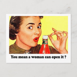 Funny woman face with bottle, funny quote, vintage postcard