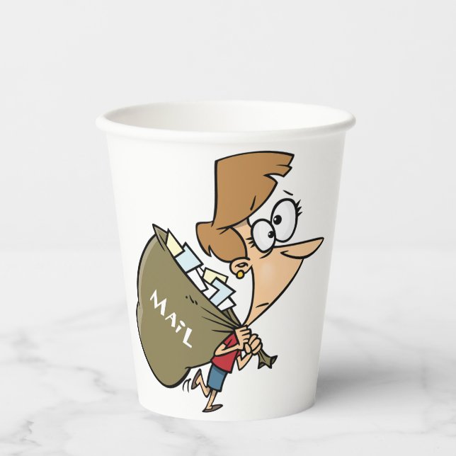 Funny Woman Hauling Heavy Mail Bag Paper Cups (Front)