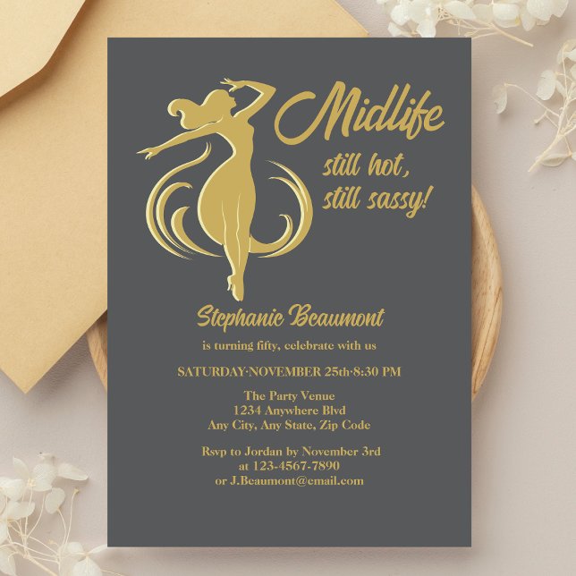 Funny Woman's Gold Midlife Still Hot 50th Birthday Invitation (Creator Uploaded)