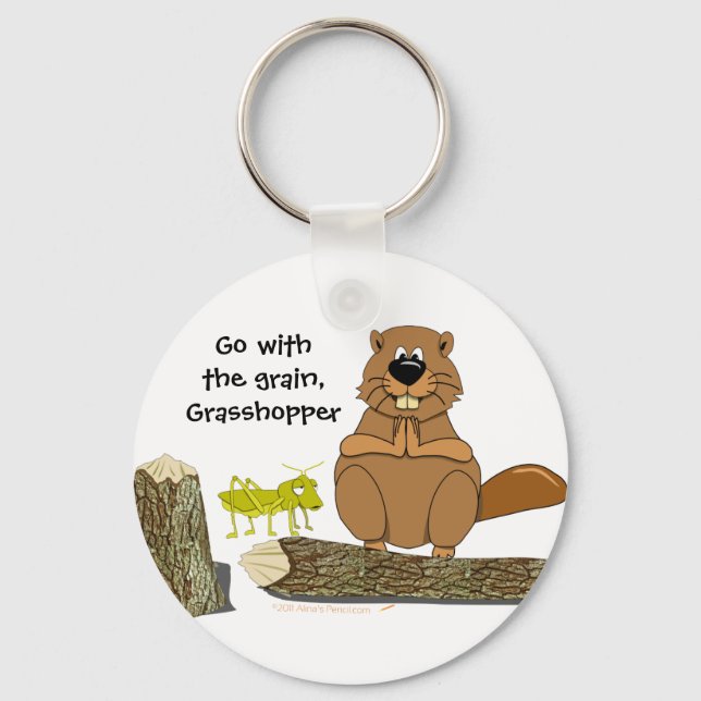 Funny Wood Turning Beaver and Grasshopper Cartoon Key Ring (Front)