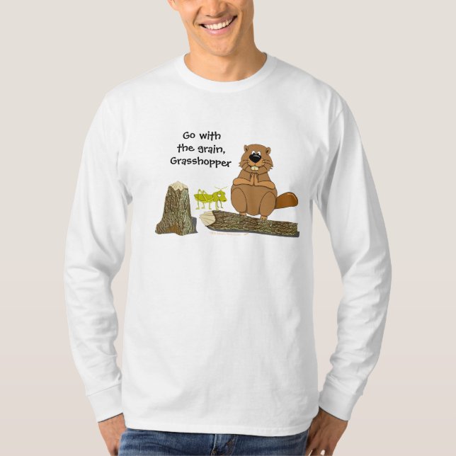 Funny Wood Turning Beaver and Grasshopper Cartoon T-Shirt (Front)