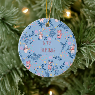 Funny Woodland Friends  Blue Winter Forest Pattern Ceramic Tree Decoration