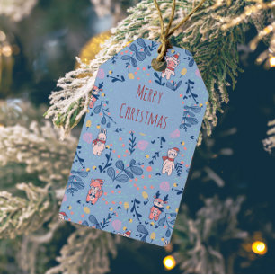 Funny Woodland Friends  Blue Winter Forest Pattern Gift Tags