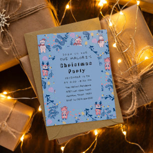 Funny Woodland Friends Blue Winter Forest Pattern Invitation
