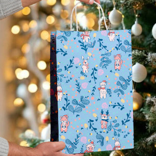 Funny Woodland Friends  Blue Winter Forest Pattern Medium Gift Bag