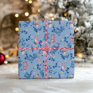 Funny Woodland Friends Blue Winter Forest Pattern Wrapping Paper