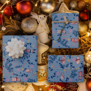 Funny Woodland Friends  Blue Winter Forest Pattern Wrapping Paper Sheet