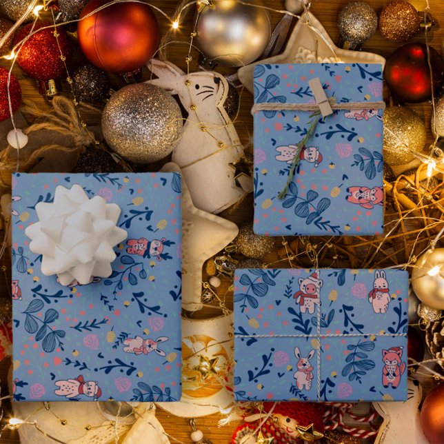 Funny Woodland Friends  Blue Winter Forest Pattern Wrapping Paper Sheet (Creator Uploaded)