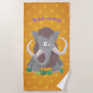 Funny woolly mammoth cartoon illustration beach towel