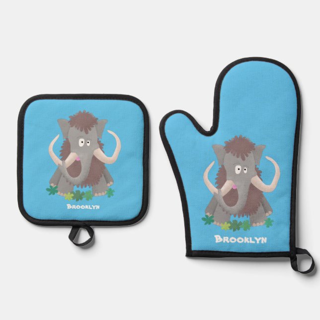 Funny woolly mammoth cartoon illustration oven mitt & pot holder set (Front)