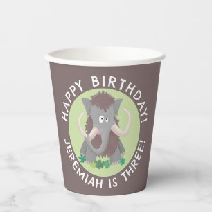 Funny woolly mammoth cartoon personalised birthday paper cups