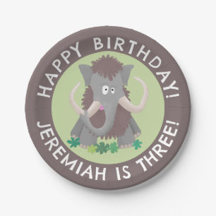 Funny woolly mammoth cartoon personalised birthday paper plate
