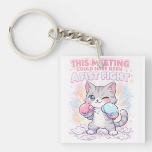 Funny Work Meeting Quote with Cute Boxing Cat Key Ring