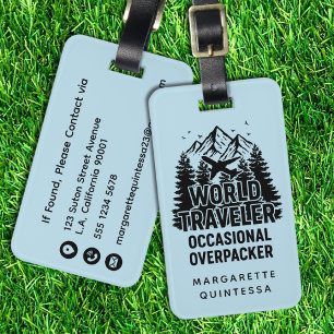 Funny World Traveler Blue & Black Typography Humor Luggage Tag