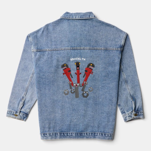 Funny wrench monster tools humour cartoon  denim jacket (Back)