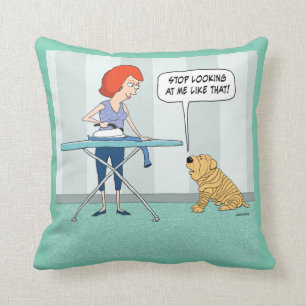 Funny Wrinkly Shar-Pei Dog Suspicious of Iron Cushion