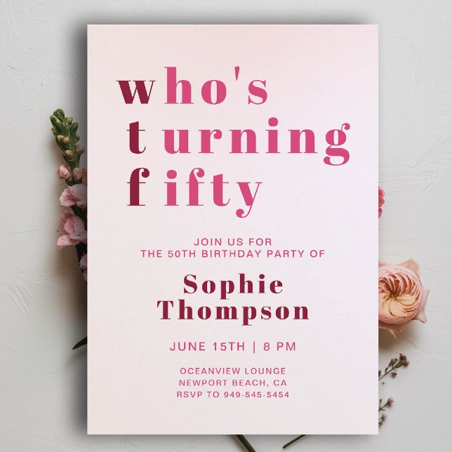 Funny WTF Pink Burgundy Sassy 50th Birthday Party Invitation (funny 50th birthday invite for women wtf whos turning fifty pink burgundy modern elegant sassy)
