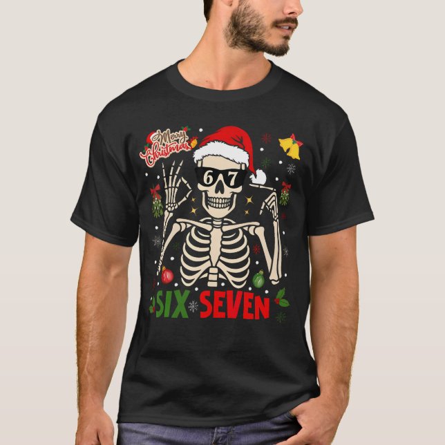 Funny Xmas 67 Skeleton Six Seven Christmas Lights T-Shirt (Front)