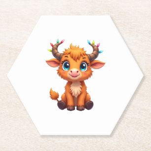 Funny Xmas Cow Lights Boys Girls Cute Highland Cow Paper Coaster
