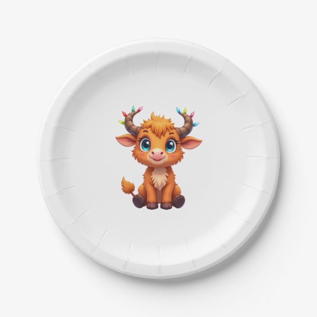Funny Xmas Cow Lights Boys Girls Cute Highland Cow Paper Plate (Front)