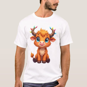 Funny Xmas Cow Lights Boys Girls Cute Highland Cow T-Shirt