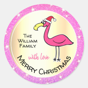 Funny Xmas Flamingo Pink Glitter Personalizable Classic Round Sticker