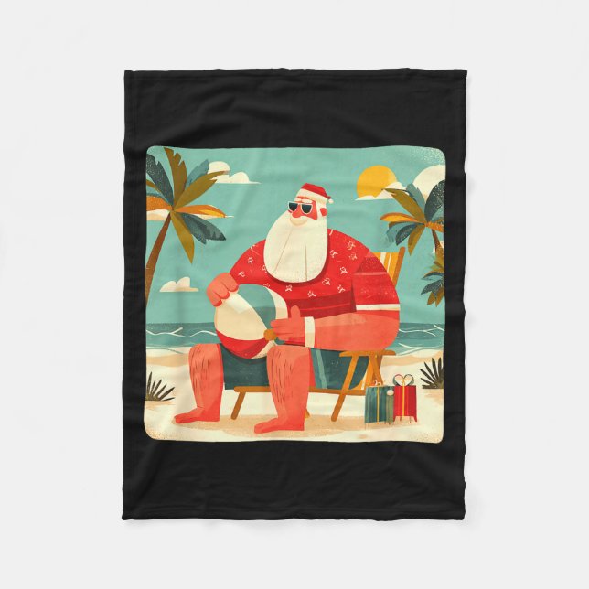 Funny Xmas Graphic With Beach Santa And Vacation B Fleece Blanket (Front)