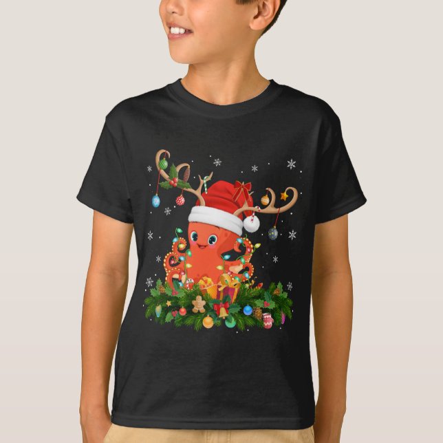 Funny Xmas Holiday Reindeer Hat Santa Octopus Chri T-Shirt (Front)