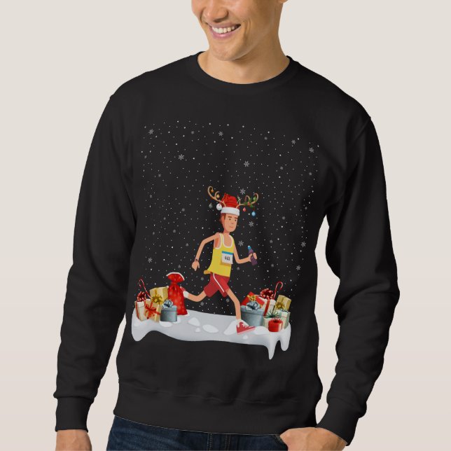 Funny Xmas Lighting Reindeer Santa Hat Marathon Ch Sweatshirt (Front)
