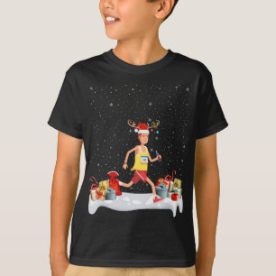 Funny Xmas Lighting Reindeer Santa Hat Marathon Ch T-Shirt