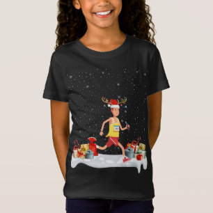 Funny Xmas Lighting Reindeer Santa Hat Marathon Ch T-Shirt