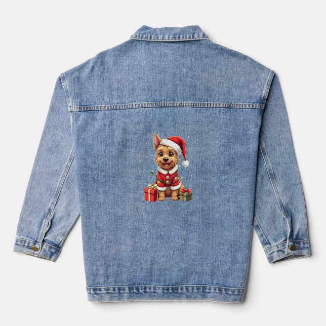 Funny Xmas Lighting Santa Border Terrier Dog Chris Denim Jacket (Back)
