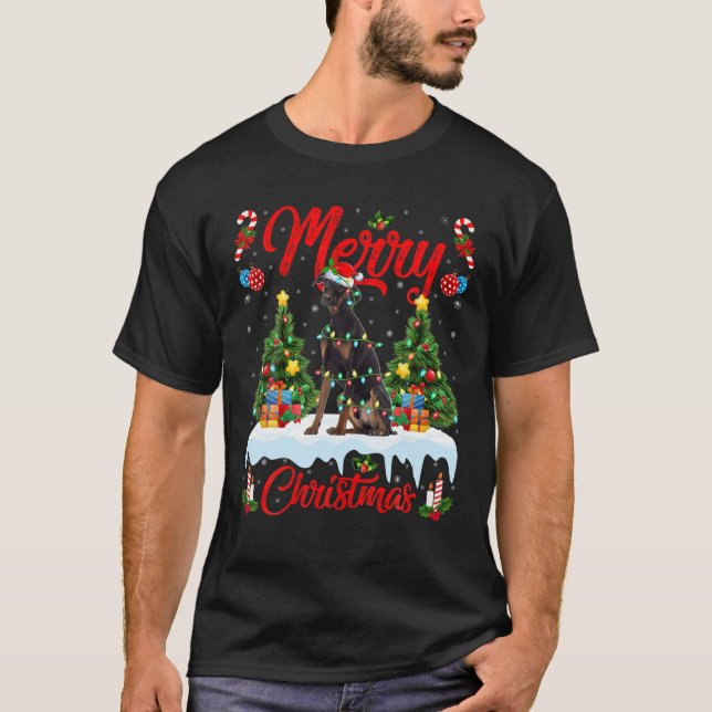 Funny Xmas Lighting Santa Hat Doberman Pinscher Ch T-Shirt (Front)