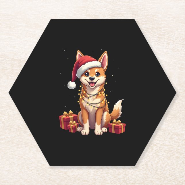 Funny Xmas Lighting Santa Hat Tamaskan Dog Christm Paper Coaster (Front)
