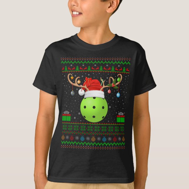 Funny Xmas Lighting Santa Hat Ugly Pickleball Chri T-Shirt (Front)