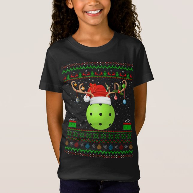 Funny Xmas Lighting Santa Hat Ugly Pickleball Chri T-Shirt (Front)