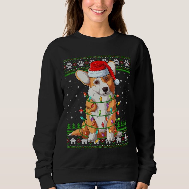 Funny Xmas Lighting Santa Hat Ugly Welsh Corgi Chr Sweatshirt (Front)