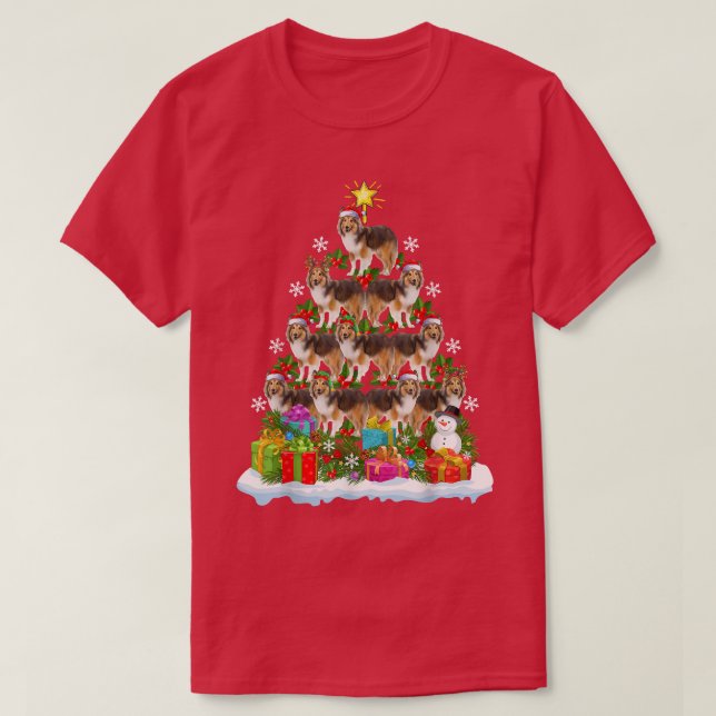 Funny Xmas Lighting Santa Shetland Sheepdog Christ T-Shirt (Design Front)