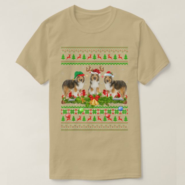 Funny Xmas Lighting Santa Ugly Shetland Sheepdog C T-Shirt (Design Front)