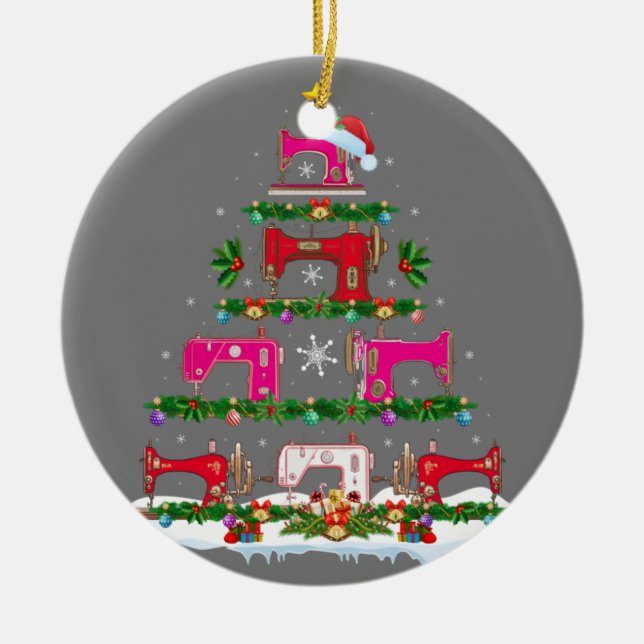 Funny Xmas Lighting Sewing Machine Christmas Tree Ceramic Tree Decoration (Front)