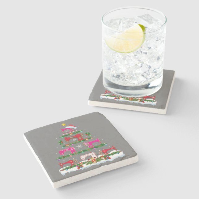 Funny Xmas Lighting Sewing Machine Christmas Tree Stone Coaster (Side)