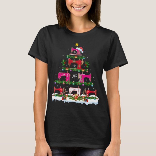 Funny Xmas Lighting Sewing Machine Christmas Tree T-Shirt (Front)