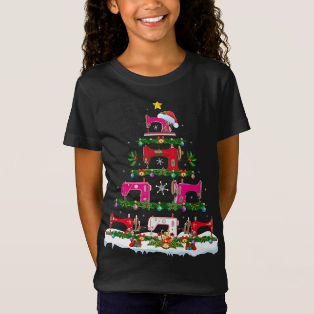 Funny Xmas Lighting Sewing Machine Christmas Tree T-Shirt (Front)