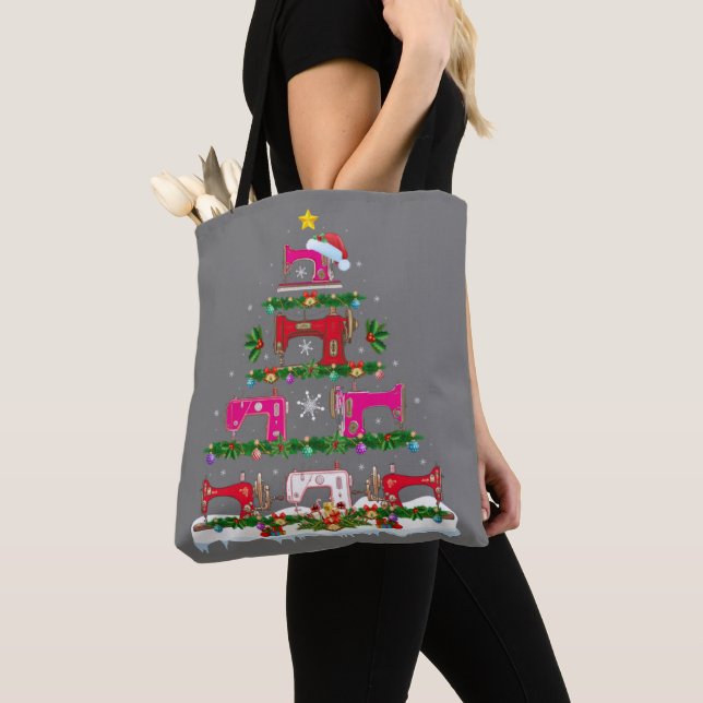 Funny Xmas Lighting Sewing Machine Christmas Tree Tote Bag (Close Up)