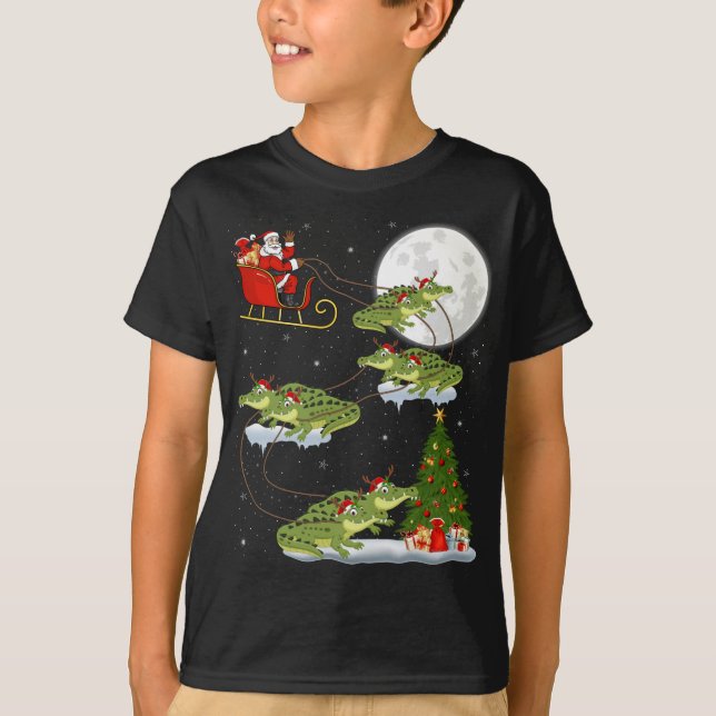 Funny Xmas Lighting Tree Santa Riding Alligator Ch T-Shirt (Front)