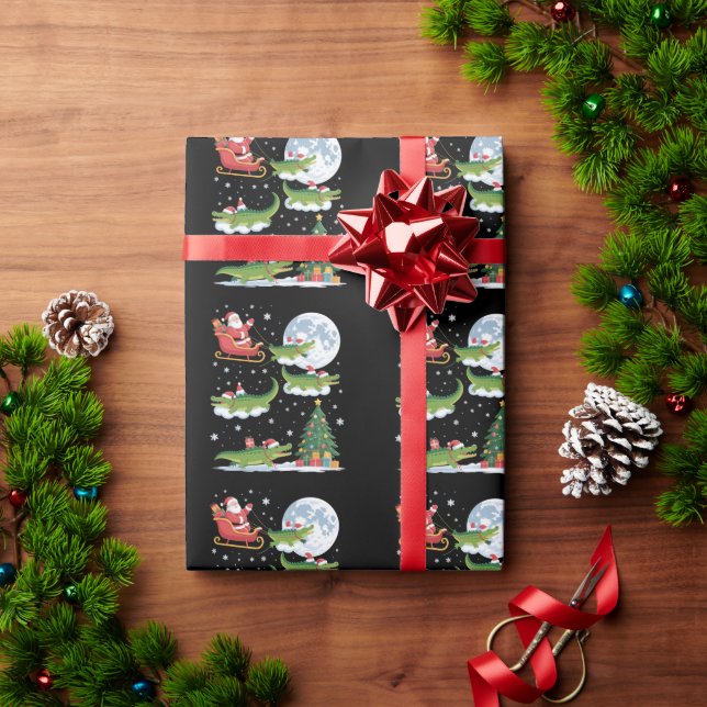 Funny Xmas Lighting Tree Santa Riding Alligator  Wrapping Paper (Holiday Gift)